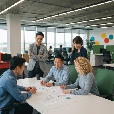 Modern office space with team collaborating